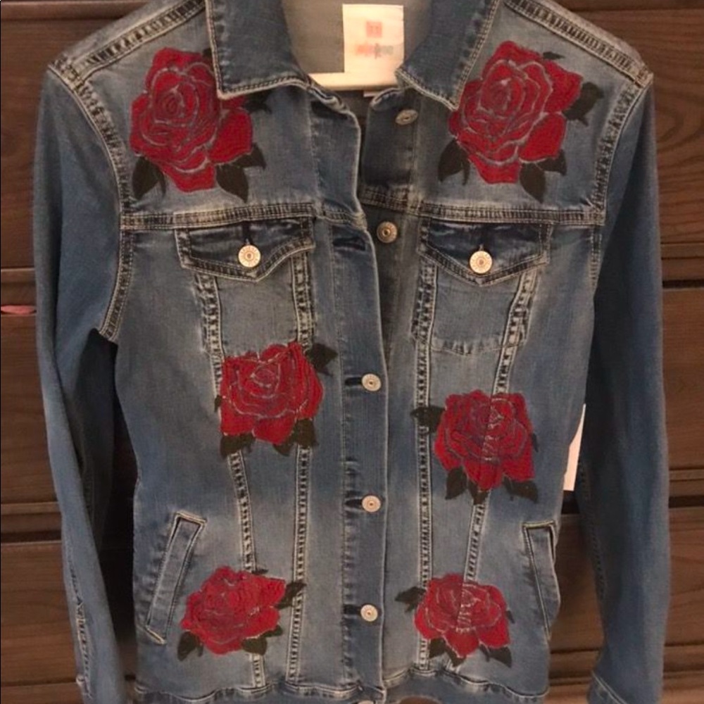 Denim jacket with embroidered roses. Beautiful!! Never worn.